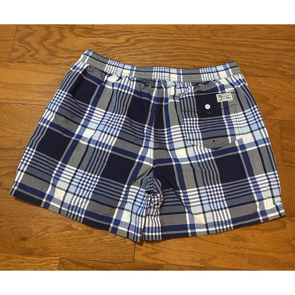 Vintage Polo Ralph Lauren Swim‎ Trunks Mens 2XL Blue Plaid Lined Drawstring